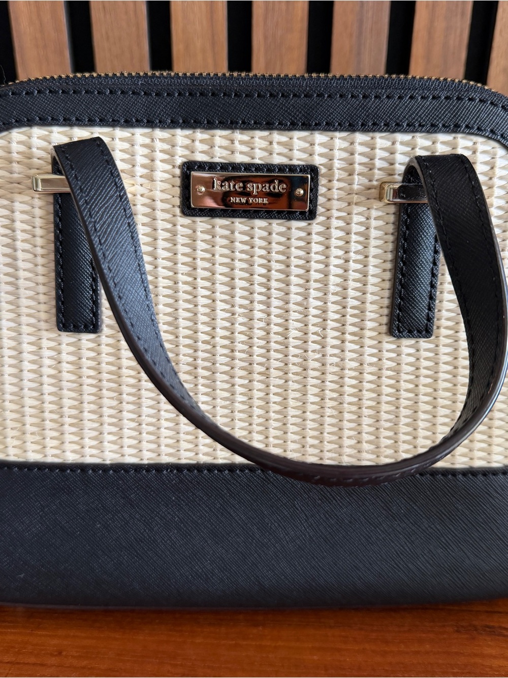 kate spade Black and Cream Woven Tote with Gold Plaque